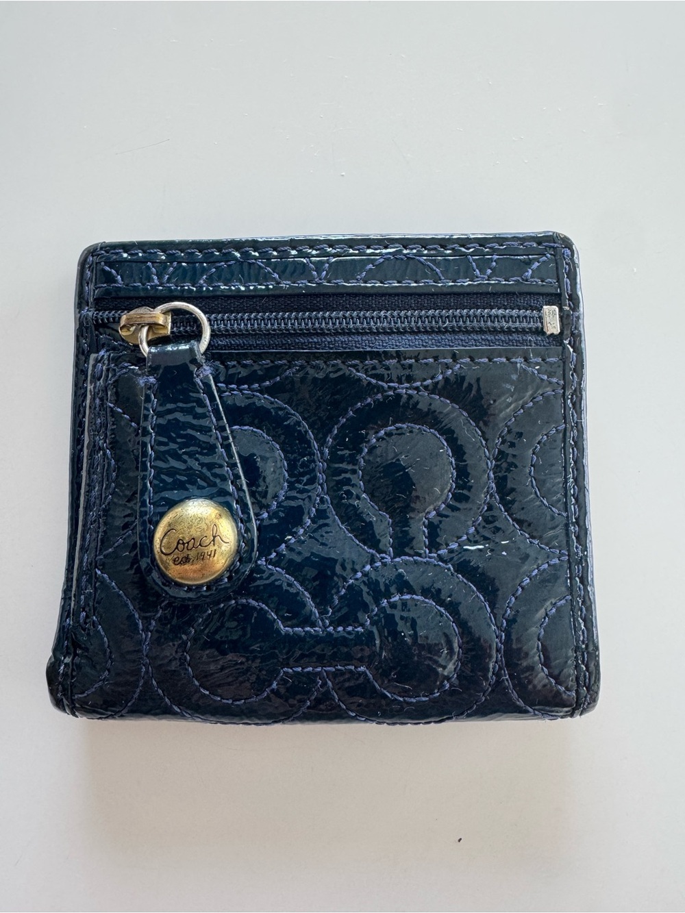 Coach Glossy Patent Coin Wallet in dark blue with Gol/Brass Accent